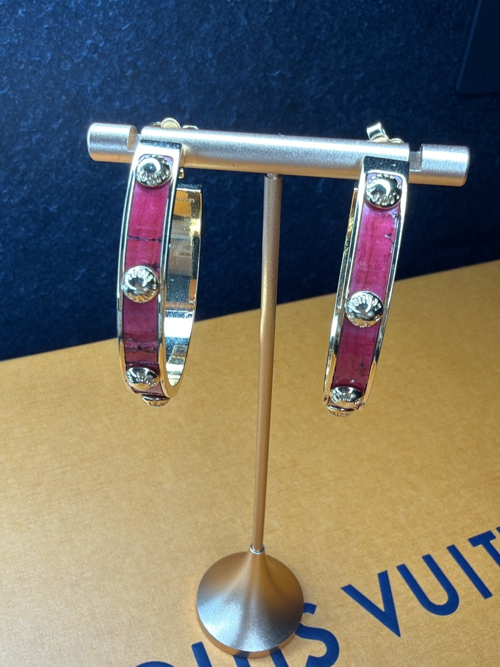 Louis Vuitton Gold-Tone Hoop Earrings with Red maroon Inlay